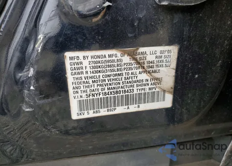 2005 Honda Pilot Ex z USA, uszkodzony, nr VIN 5FNYF184X5B018433